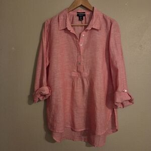 JONES & CO Coral Pink 100% Linen Roll Tab Sleeve Lagenlook Tunic Women's Size L